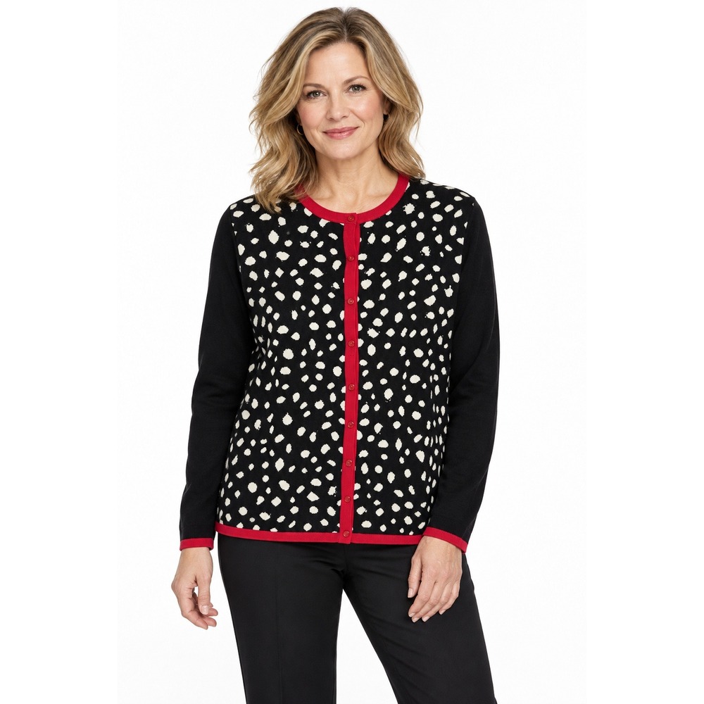 Diane Gilman Cardigan Sweater 1X Black Red Animal Print Sequin Silk Blend